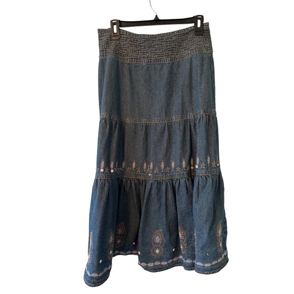 FRN By Fransa Bohemian Denim Skirt With Embroidered Details Tiered Design M.L - Picture 10 of 13